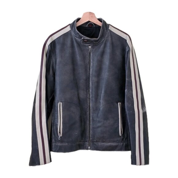 Danier Leather Jacket Men M Gray Biker Zip Striped LS Pockets Textured Rigid VTG - Picture 1 of 16